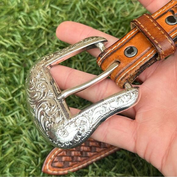 Vintage Leather Nylon Braided Chrome Buckle Cowboy Country Western Belt Sz 36 - Picture 3 of 6